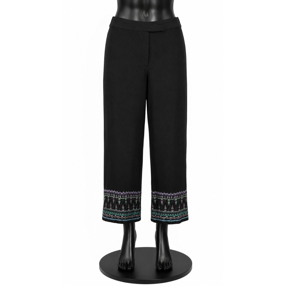 Jillian Jones Womens Capri Cropped Pants Size 10 Black Linen Embroidered Hem